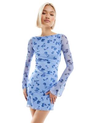 sevila flocked long sleeve mini dress in blue