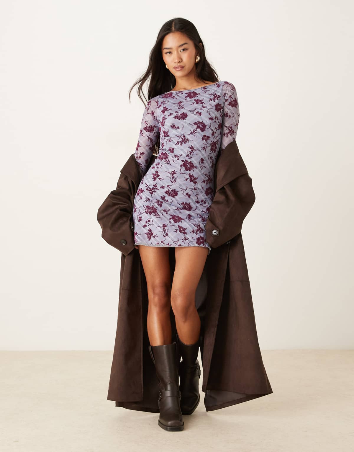 Motel Sevila long sleeve lotus flock dress in lavander floral check