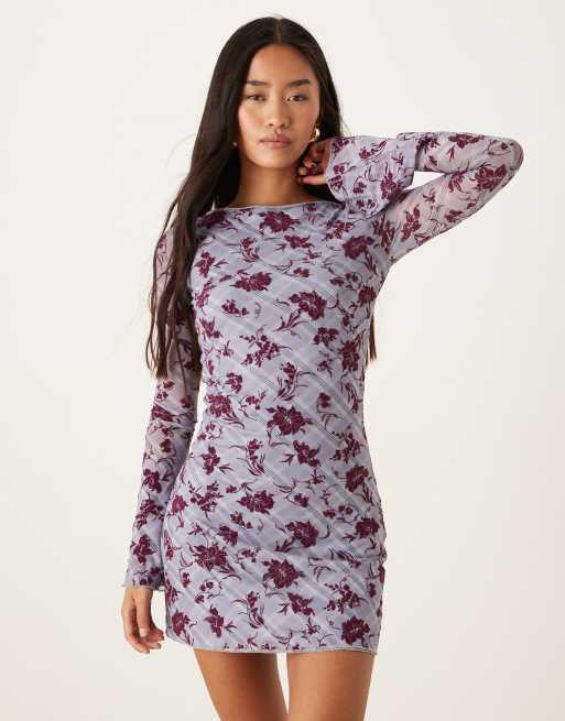 Motel Sevila long sleeve lotus flock dress in lavander floral check, 2 of 4