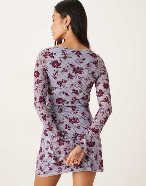 Motel Sevila long sleeve lotus flock dress in lavander floral check, 4 of 4