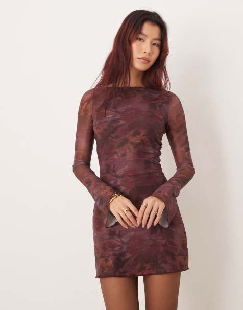 Motel Sevila long sleeve mini dress in blurry floral burgundy - view 1