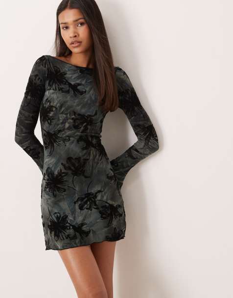Motel Sevila long sleeve mini dress in burnout velvet gray - view 1