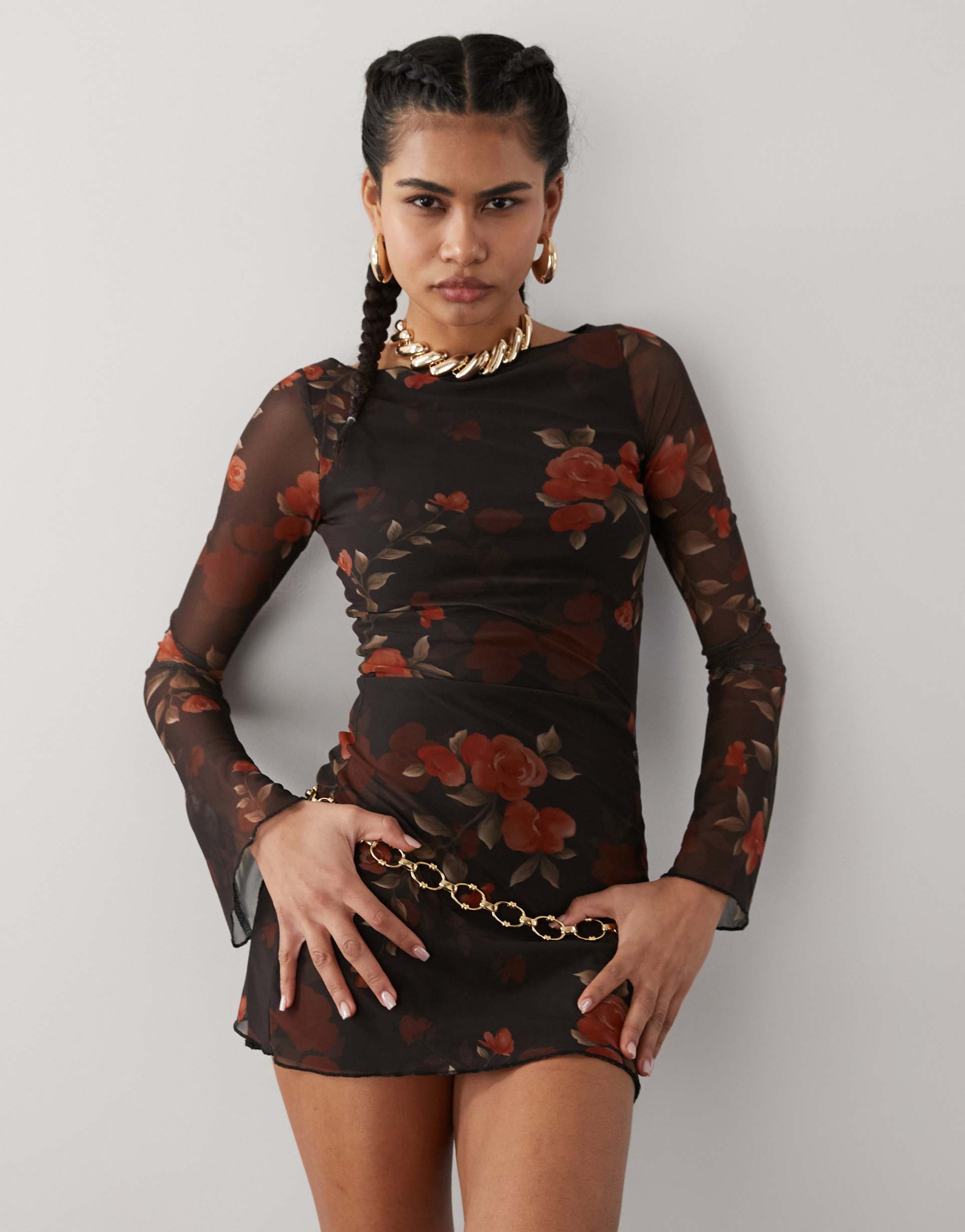 motel sevila long sleeve watercolor rose mini dress in black