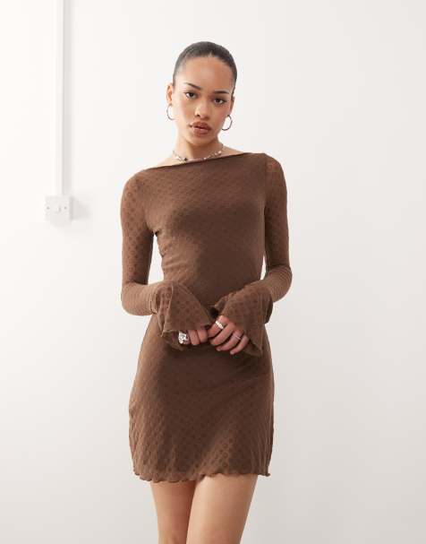 Motel sevila polka tile print long sleeve dress in brown - view 1