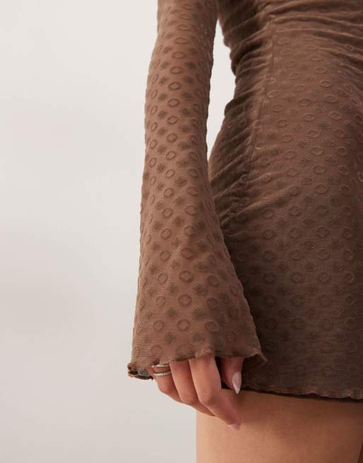 Motel sevila polka tile print long sleeve dress in brown, 3 of 4