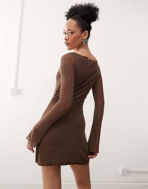 Motel sevila polka tile print long sleeve dress in brown, 4 of 4