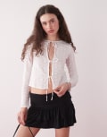 [Motel] Motel Sewindu tie-front broderie long sleeve blouse in ivory-White S IVORY