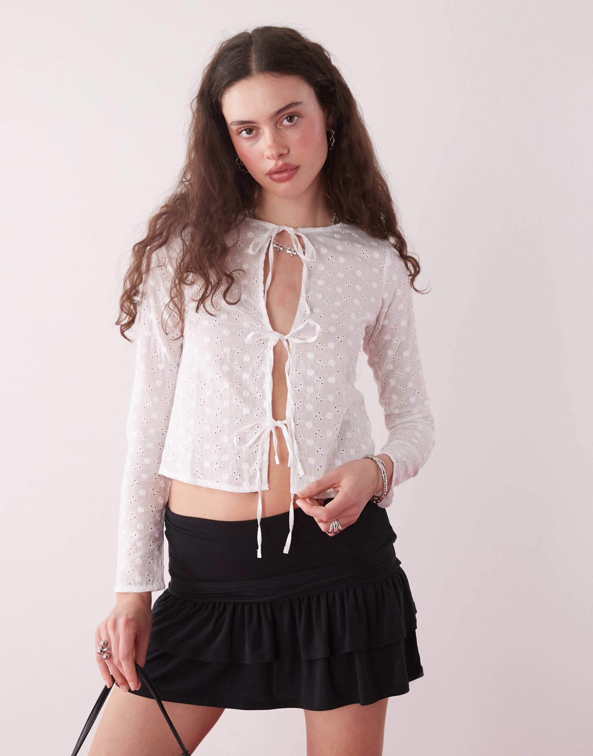 motel sewindu tie front eyelet long sleeve blouse in ivory