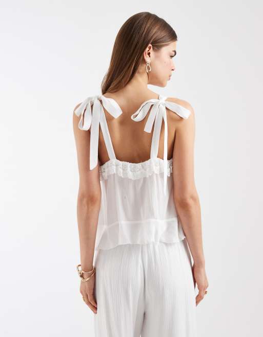Motel shaista lace trim top in white (part of a set), 4 of 4