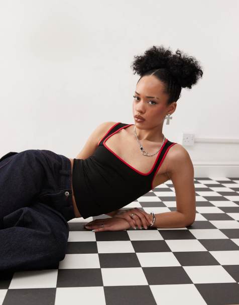Motel shajani fitted contrast edge tank top in black and red - view 1