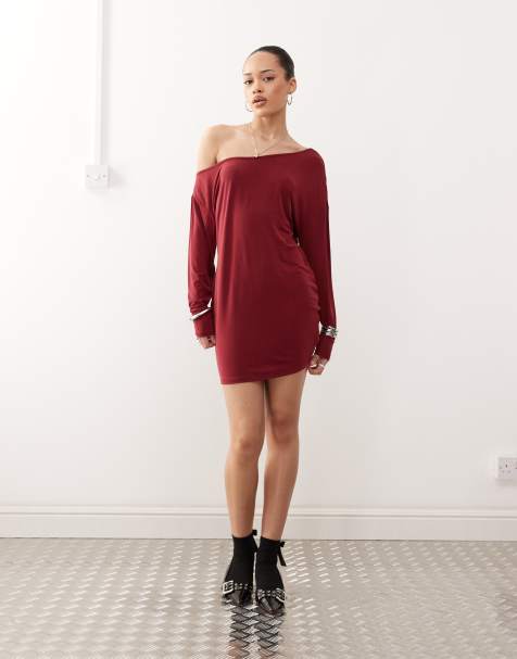 Motel shelisa off-shoulder slouchy mini dress in burgundy - view 1