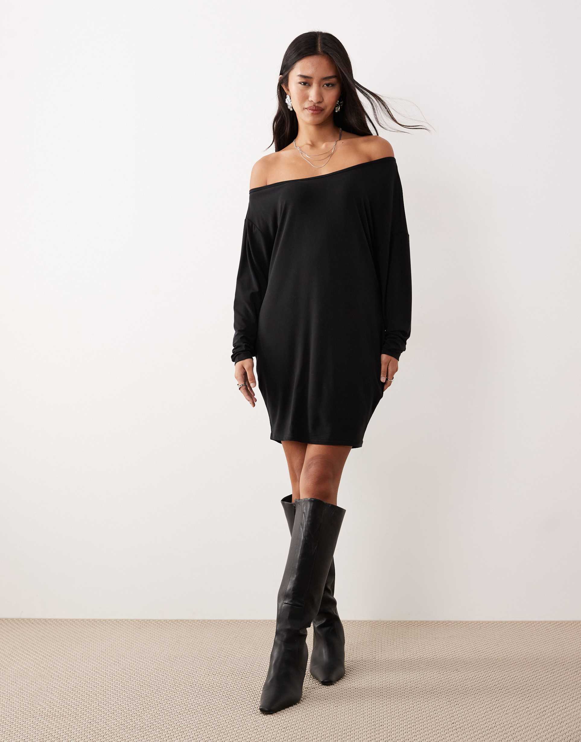 motel shelisa slouchy off-shoulder mini dress in black