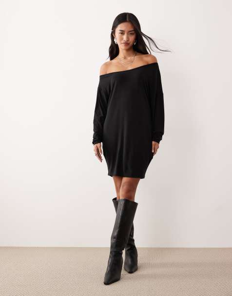 Motel Shelisa slouchy off shoulder mini dress in black