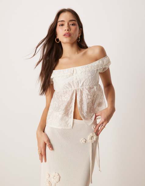 Motel shogo flocked floral off shoulder top in ivory - view 1