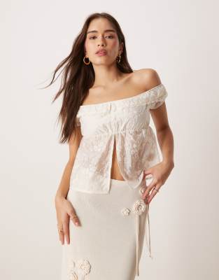 shogo flocked floral off the shoulder top in ivory-White