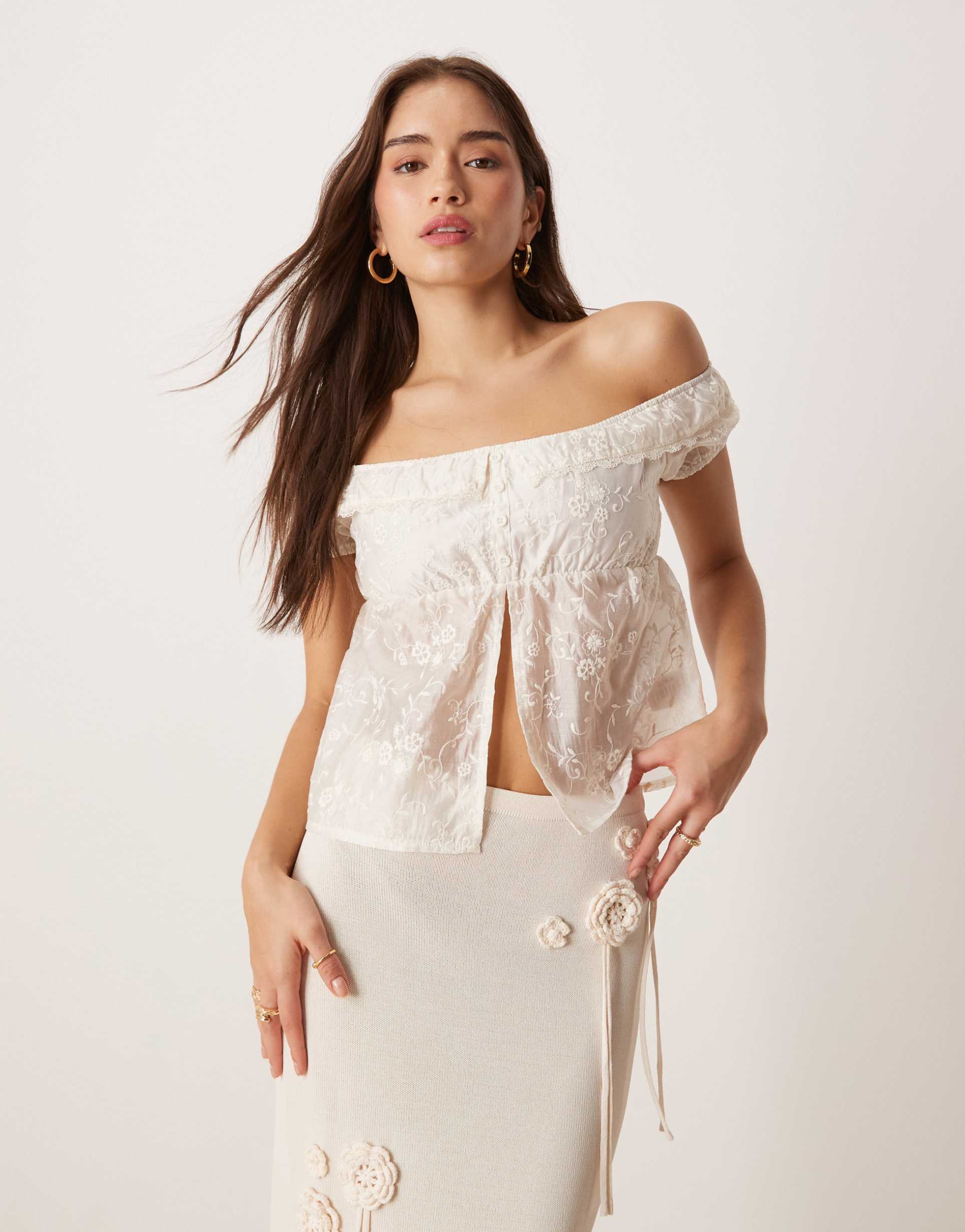 motel shogo flocked floral off the shoulder top in ivory