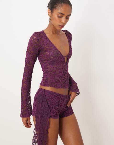 Motel shoumi low rise shorts with frill in lace purple co-ord