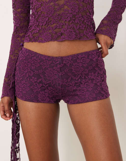 Motel - Shoumi - Short met lage taille en ruches in paars kant, deel van co-ord set, 2 van 5