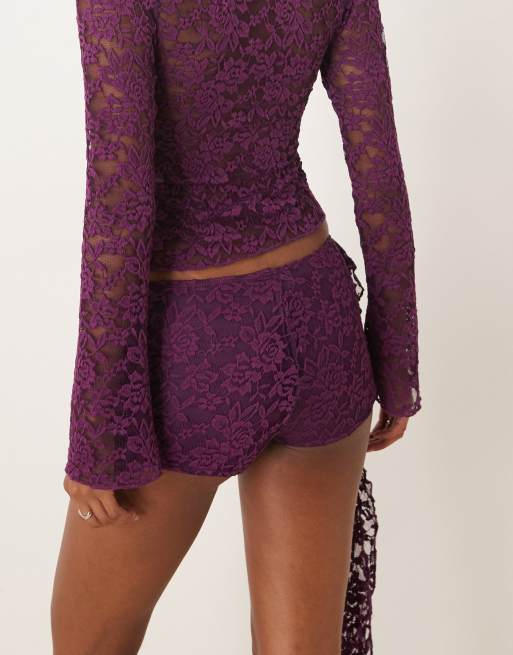 Motel - Shoumi - Short met lage taille en ruches in paars kant, deel van co-ord set, 3 van 5