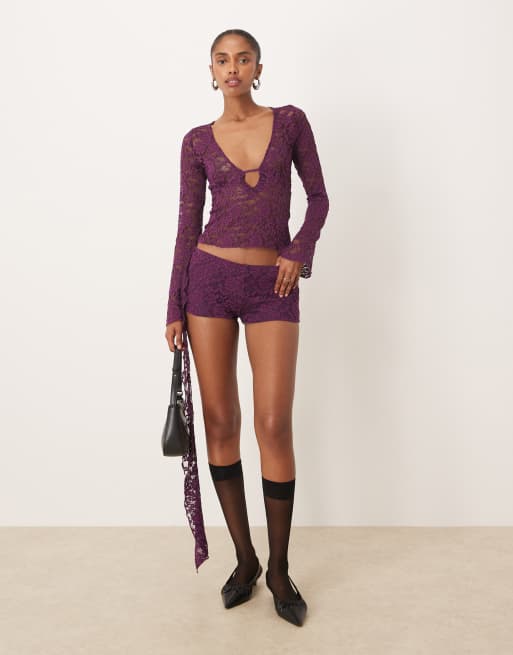 Motel - Shoumi - Short met lage taille en ruches in paars kant, deel van co-ord set, 5 van 5