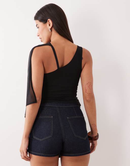 Motel siera cupro and mesh overlay aysmm top in black, 3 of 4