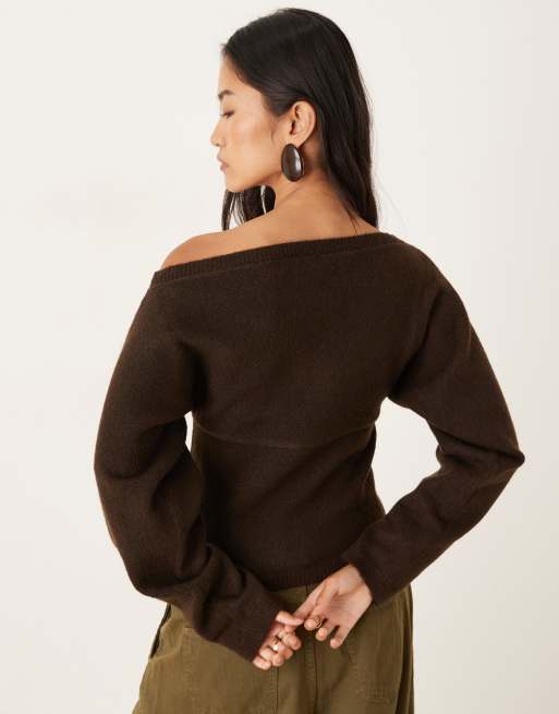 Motel – Sikuna – Schulterfreier Pullover in Braun, 4 von 4