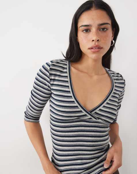 Motel Silea 3/4 length v-neck top in navy stripe - view 1