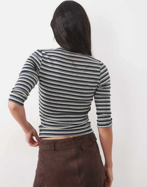 Motel Silea 3/4 length v-neck top in navy stripe, 4 of 4