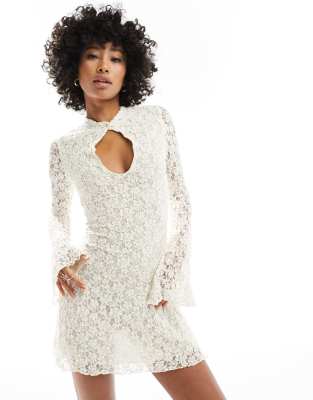 silvanna key hole lace long sleeve mini dress in ivory-White