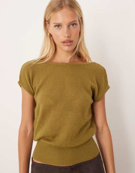 Motel Sinda open back short sleeved knit top in olive