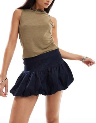 sisila denim puffball mini skirt in indigo blue-Navy