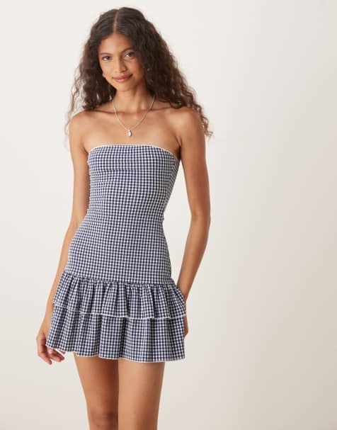 Motel sitav gingham bandeau dress in navy - view 1