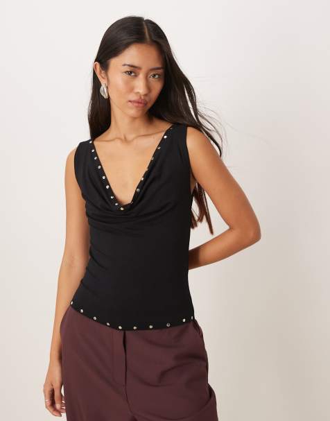Motel Slater studded cowl neck top in black