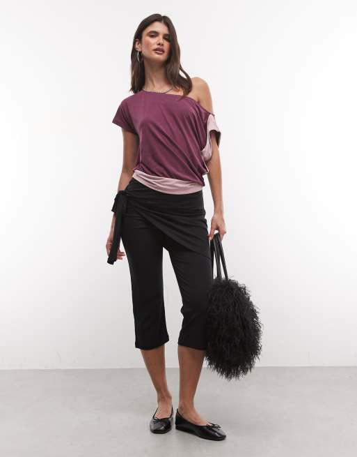Motel Sobiya top color block con spalle scoperte in viola scuro e lilla, 2 di 4