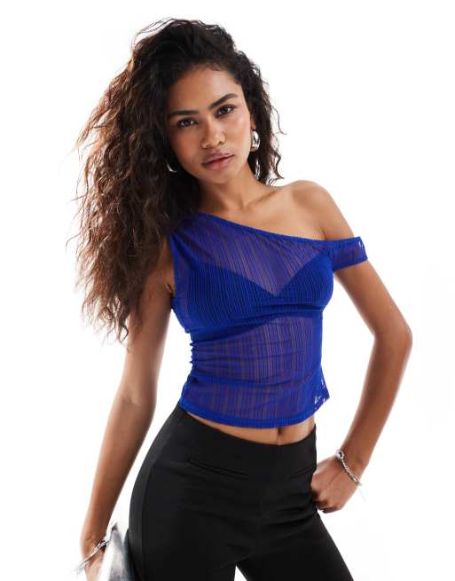 Motel sohan off-shoulder knit effect top in cobalt blue