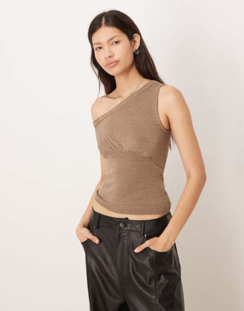 Motel sojin off shoulder top with eyelets in gold