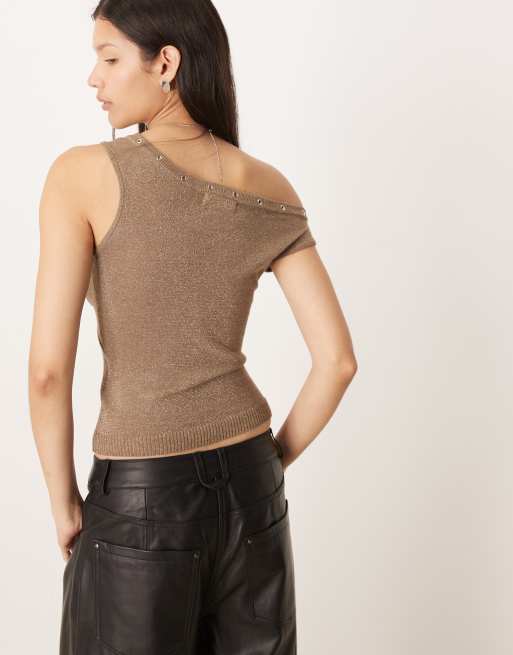 Motel Sojin off-shoulder top with eyelets in gold, 3 of 4