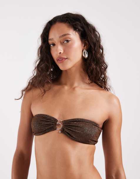 Motel Sorawa co-ord spiral bead bandeau bikini top in brown shimmer