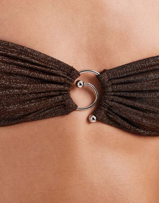 Motel Sorawa co-ord spiral bead bandeau bikini top in brown shimmer, 4 of 4