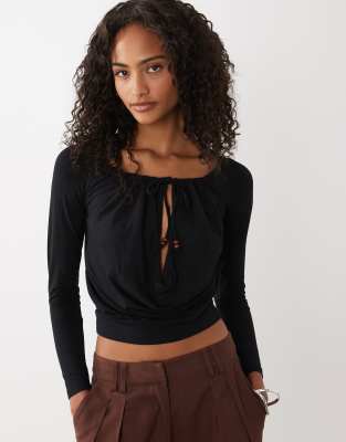 Motel Sore Cowl Plunge Beaded Top In Black
