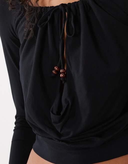 Motel Sore cowl plunge beaded top in black, 4 of 4