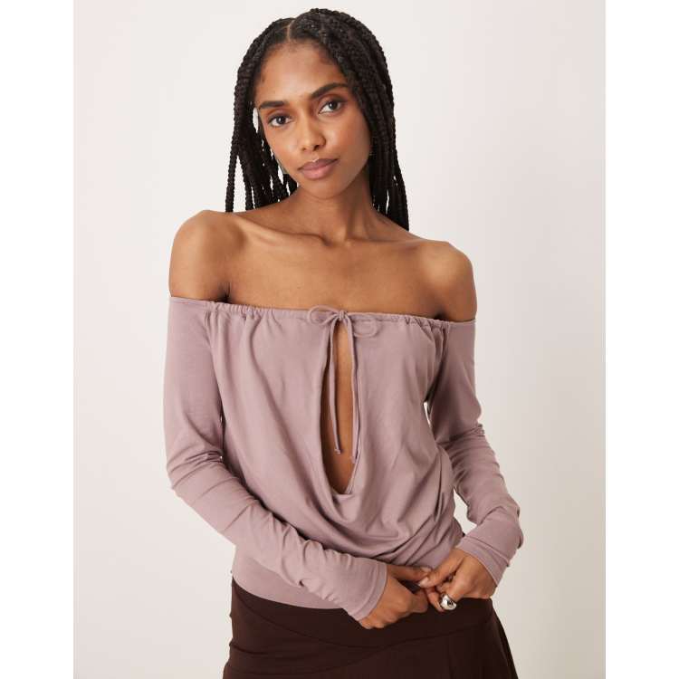 Motel Sore off shoulder long sleeve top in dusty mauve | ASOS