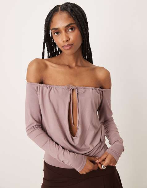Motel Sore off shoulder long sleeve top in dusty mauve