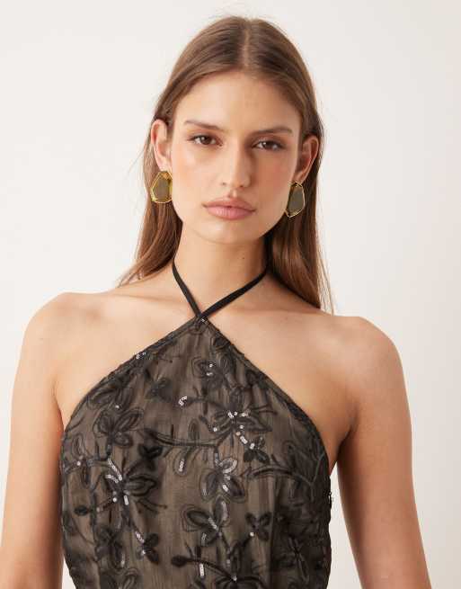 Motel Soren Floral Chiffon Sequin Dress in Black