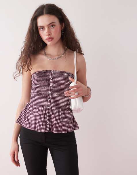 Motel - Soter - Bandeau-top met gingham ruit en knoopsluiting in wijnrood - view 1