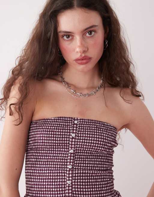 Motel soter button up gingham bandeau top in wine, 2 of 4