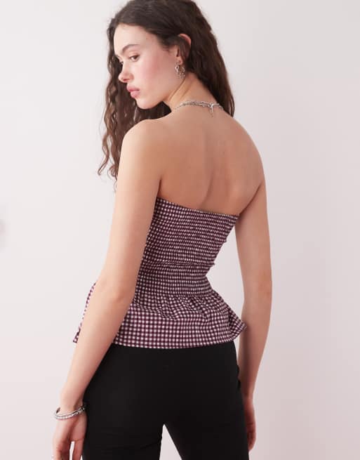 Motel soter button up gingham bandeau top in wine, 4 of 4