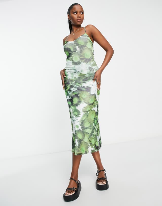 Motel square neck cami maxi dress in blurred green daisy mesh