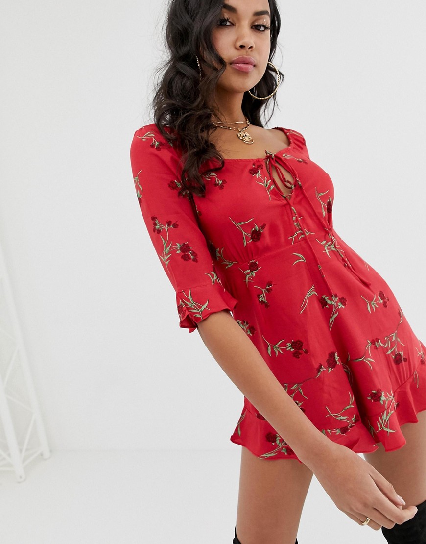 Motel square neck playsuit in floral-Pink