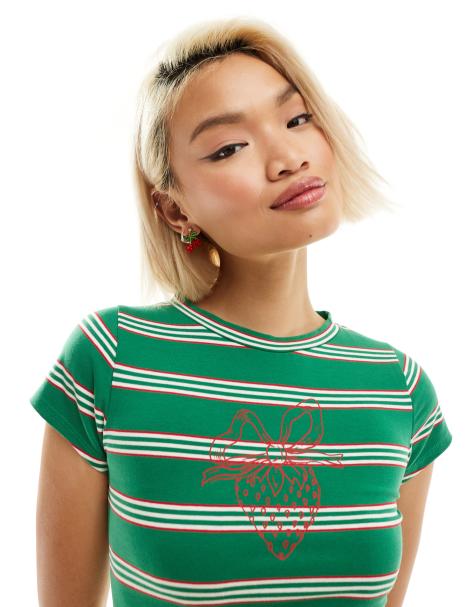 Motel strawberry motif striped baby t-shirt in green - view 1